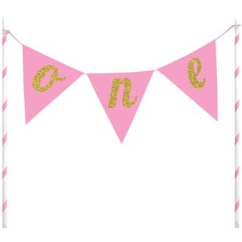 Picture of ONE 1ST BIRTHDAY CAKE BANNER TOPPER PINK 23 X 23CM